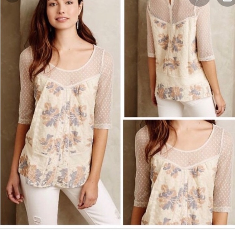 Anthropologie Meadow Rue Floral Lace Mesh Blouse